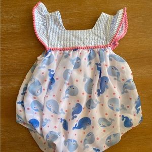 Boutique spring baby romper in blue with whales size 3-6 months